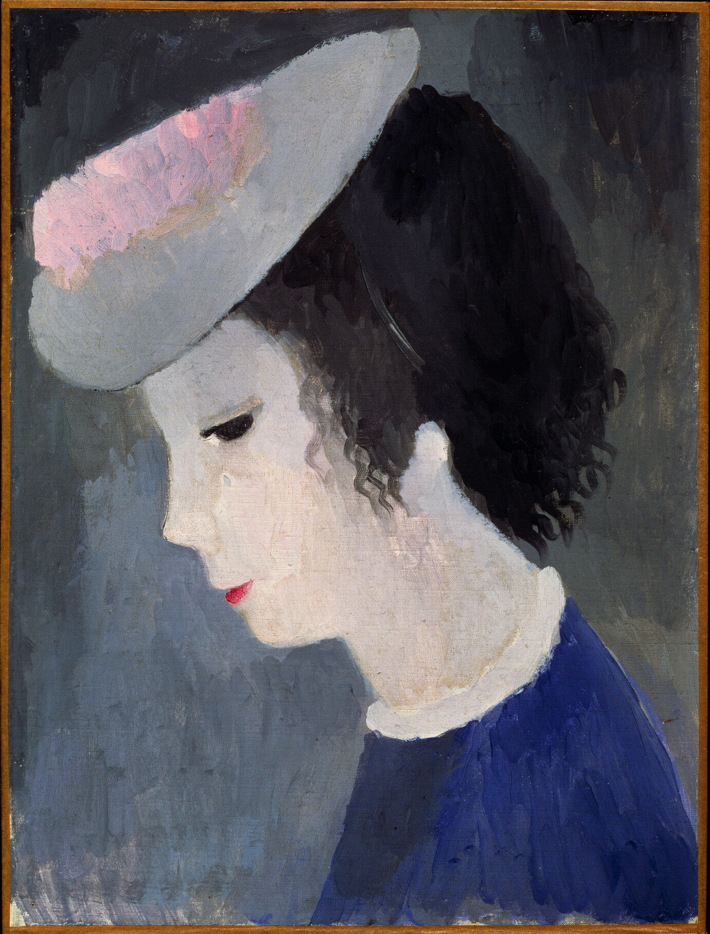 A portrait of a young girl in profile with her head tilted downwards and her eyes slightly closed. She wears a blue dress with a white collar, red lipstick, and a grey and pink hat. The dark background in combination with her facial expression evokes a melancholy feeling.