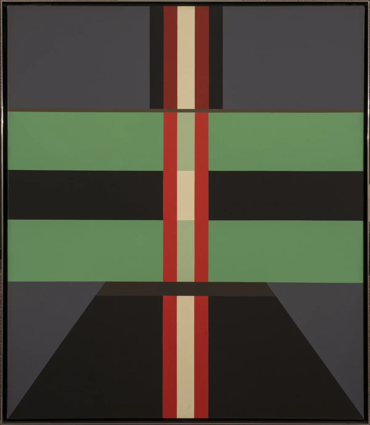 A symmetrical abstract painting comprised of geometric shapes in green, black, brown, cream, and gray.