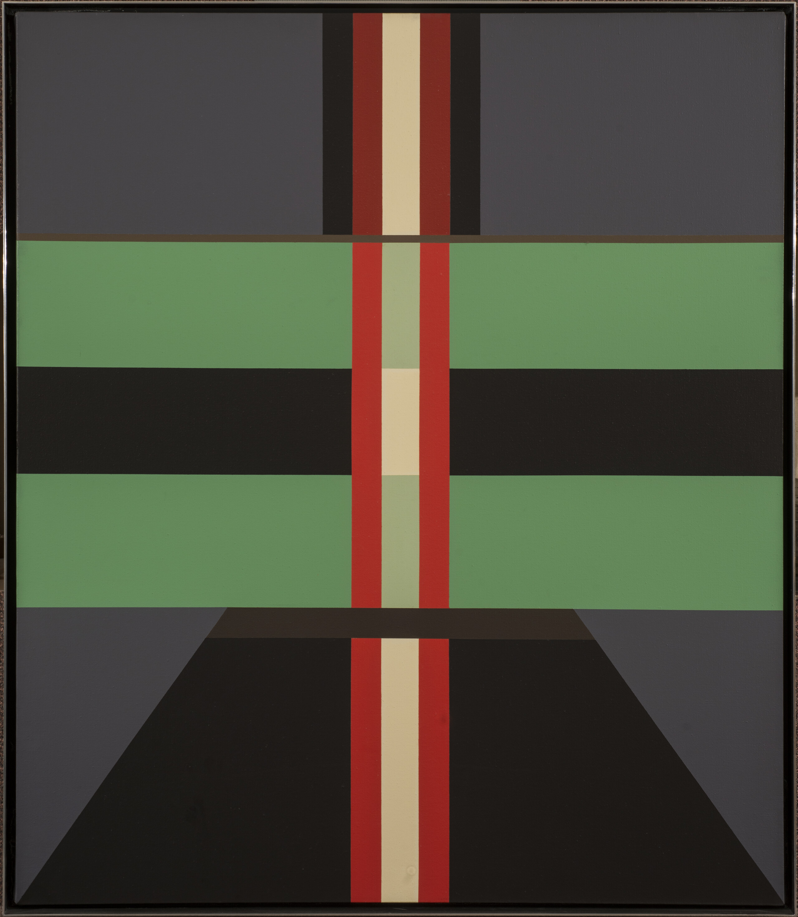 A symmetrical abstract painting comprised of geometric shapes in green, black, brown, cream, and gray.