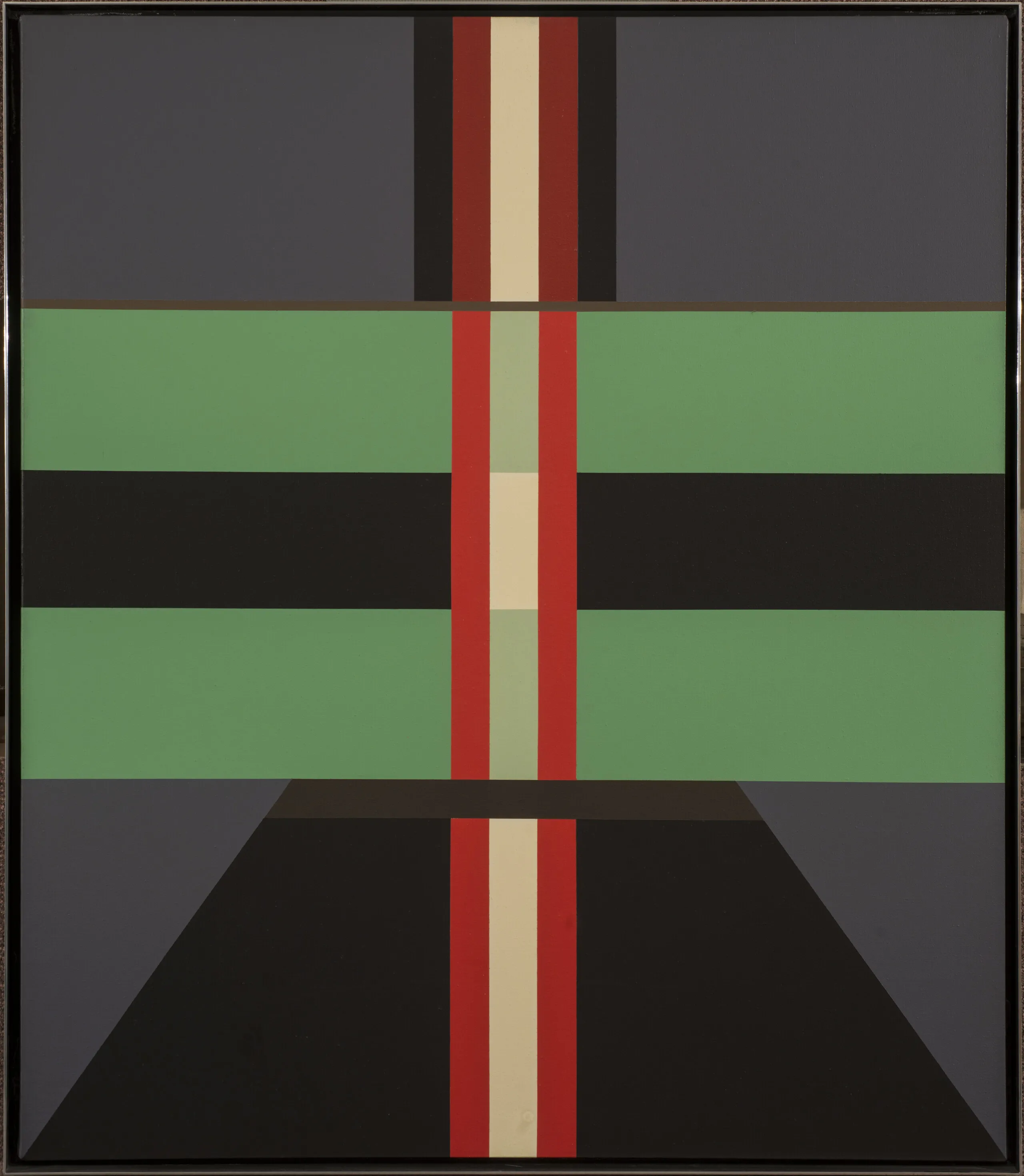 A symmetrical abstract painting comprised of geometric shapes in green, black, brown, cream, and gray.