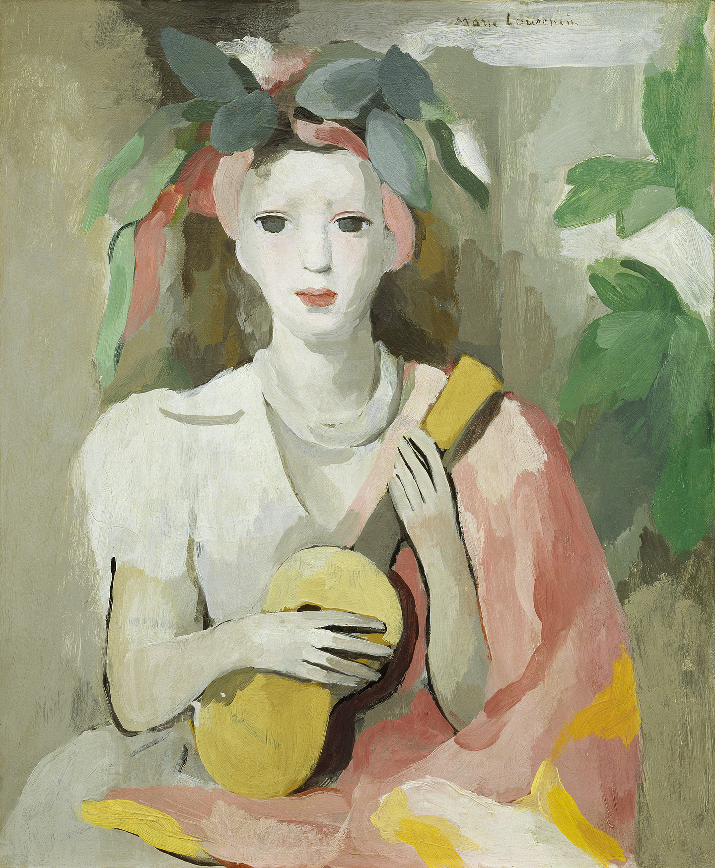 A portrait of a young girl with a light skin tone who holds a ukulele. She wears a white dress with short sleeves, a colorful throw on her left arm, and a crown made out of leaves and red and green ribbons. She sits before a sage-colored wall with leaves and smiles.