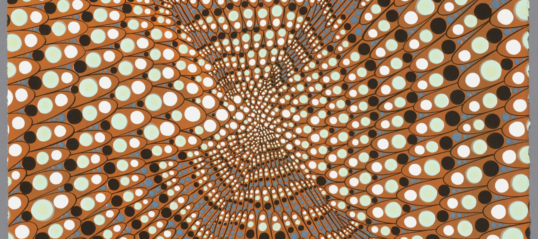 Alternating strands of white, black, and rust-colored orbs resembling beads emanate from a central point. They create a mesmerizing design and the shape of a X in the middle.