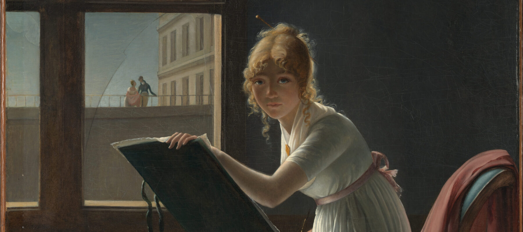 a light-skinned woman holding a drawing pad is sitting on a chair in front of a window with shattered glass. She is wearing a white, gauzy dress with a pink ribbon tied just below her bust.