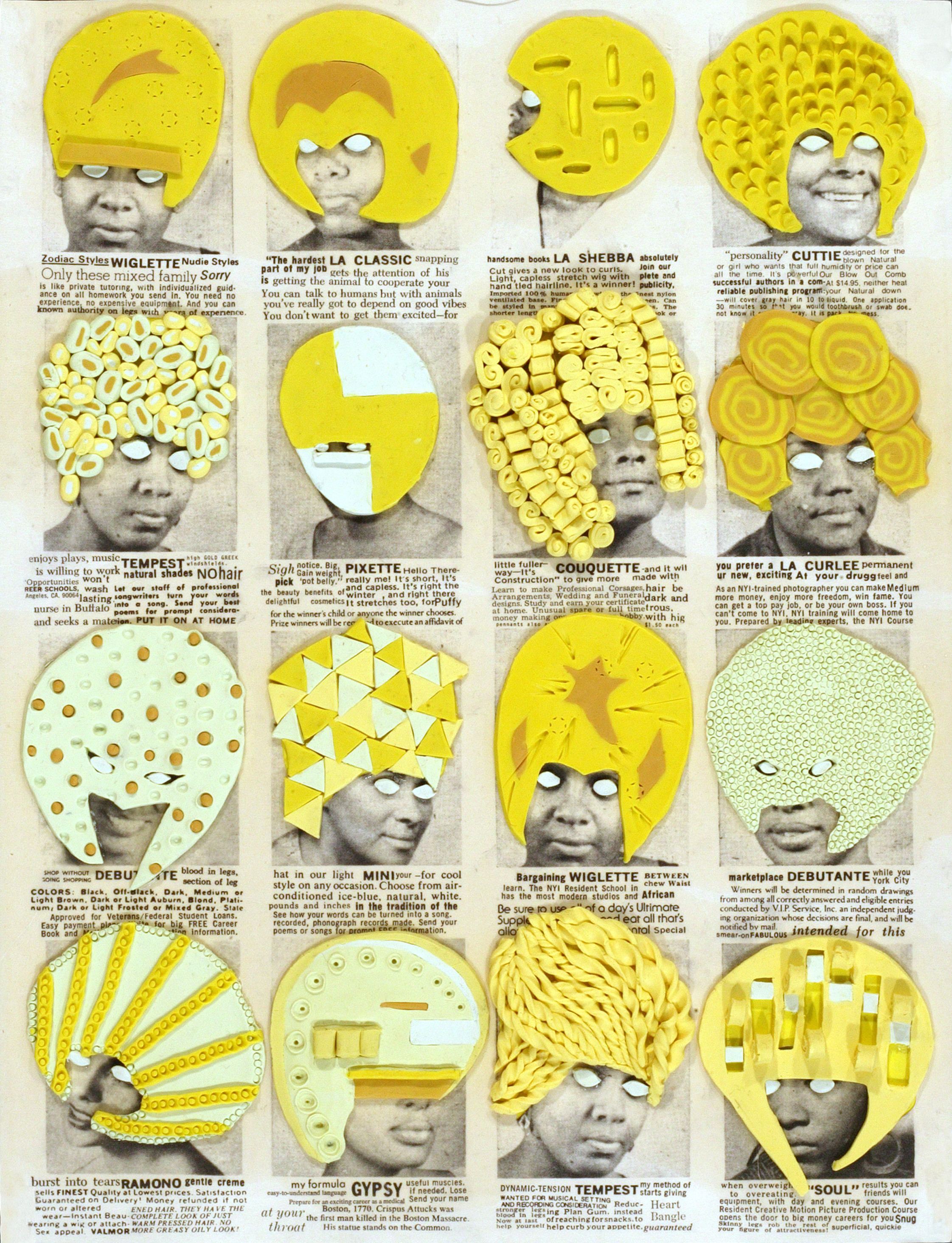 A black-and-white print features a dark-skinned woman's face arranged 16 times in a perfect grid: four across and four down. She faces different directions with different facial expressions. In each, yellow coloring or patterns are overlaid atop her head, creating a hair or helmet-like image. Her eyes have been manipulated and are covered in white. There is small black text below each image, but it is unreadable.
