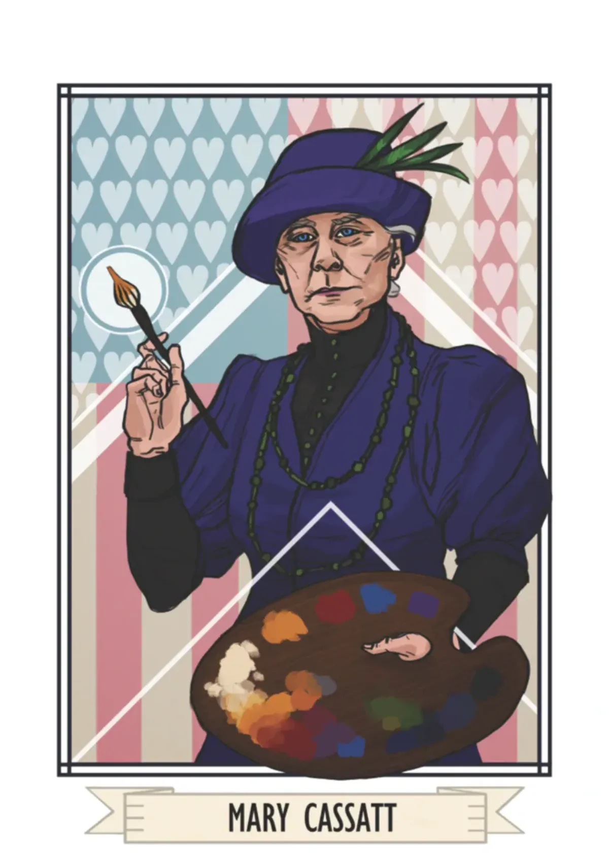 A playing card with a woman holding a paint brush and palette. The title reads "Mary Cassatt."