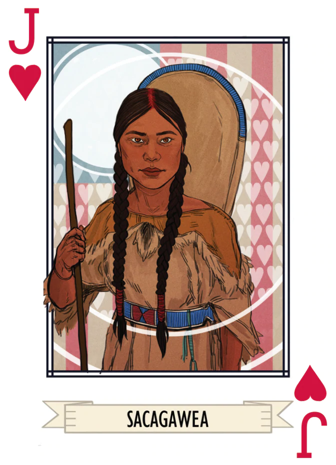 A playing card with an illustration of a woman with a medium-dark skin tone.