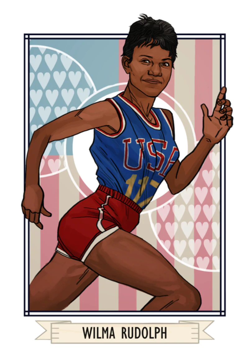 A playing card with an illustration of a woman with a dark skin tone in running clothes.