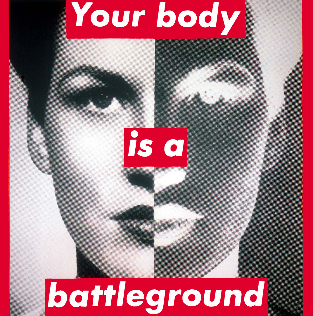 A black-and-white image of a light-skinned woman's face split in half, with the right half showing up in X-ray. Atop it the message "Your body is a battleground" is pasted in white type on red color blocks.