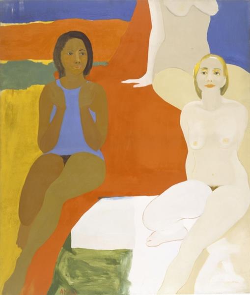 A figurative painting by Emma Amos shows three women who sit next to each other: two nude women with a light skin tone, and one woman with a medium-dark skin tone, who wears a short, bright blue dress. They sit on an undefined surface of vibrant colors which evokes feelings of summer.