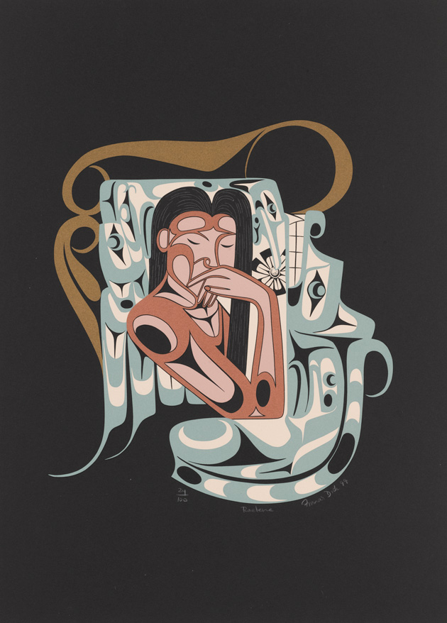 A woman with long black hair and a medium-light skin tone is surrounded by abstract shapes found in traditional Indigenous art. The woman’s eyes are closed, and her hand covers her mouth.