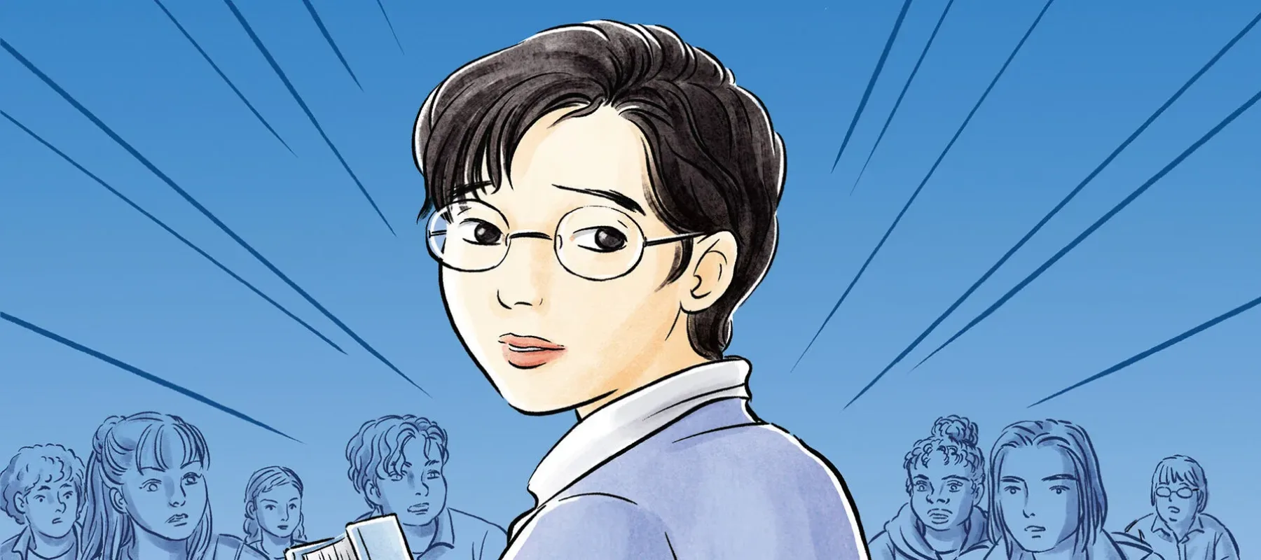 A vibrant blue book cover of “Almost American Girl” an illustrated memoir by Robin Ha. Below the book title is a graphic illustration of light-skinned teenager with short dark hair and glasses. The girl is carrying school books in her arms and looks over her shoulder at the viewer. Behind her is a classroom full of students sitting at their desks.