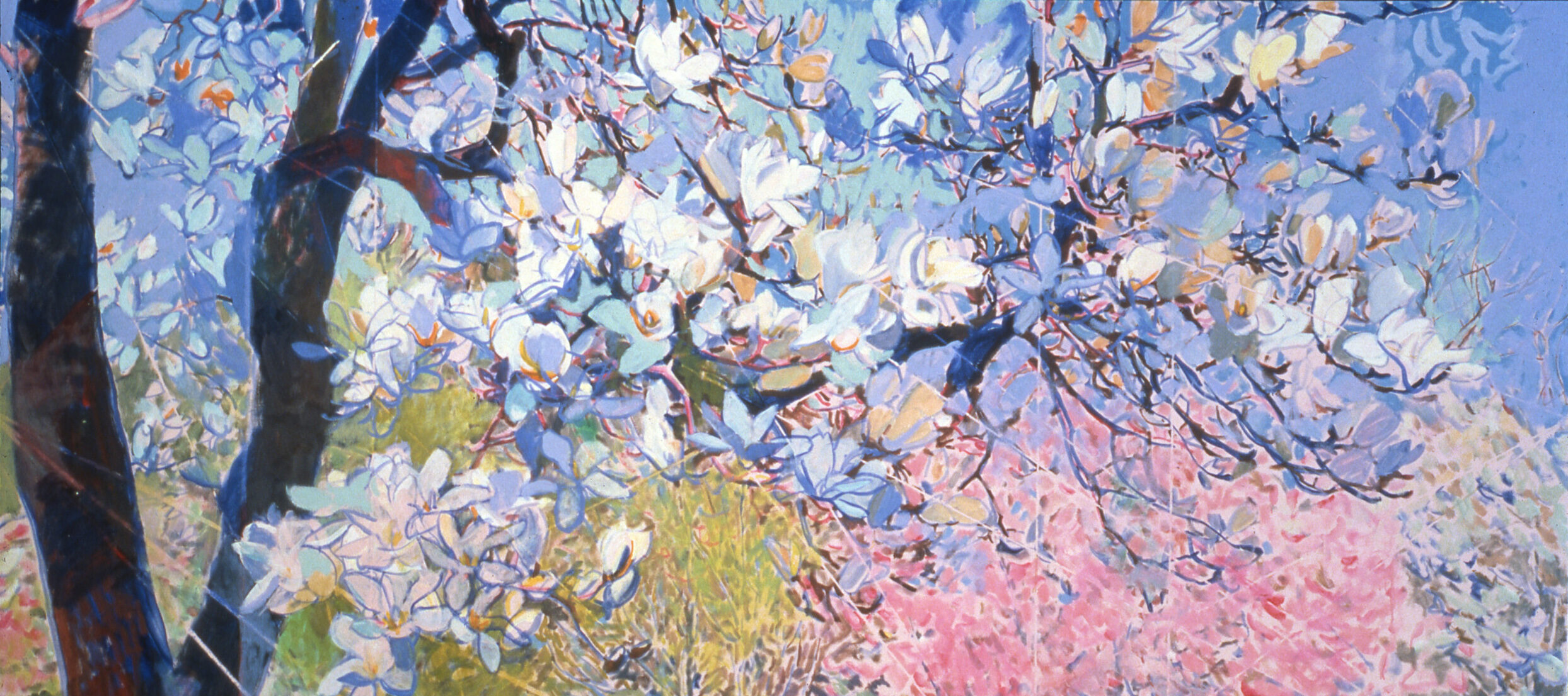 An oil painting of a springtime scene. In the foreground is a tree full of white flowers. The background is full of trees with pastel pink flowers and green leaves.
