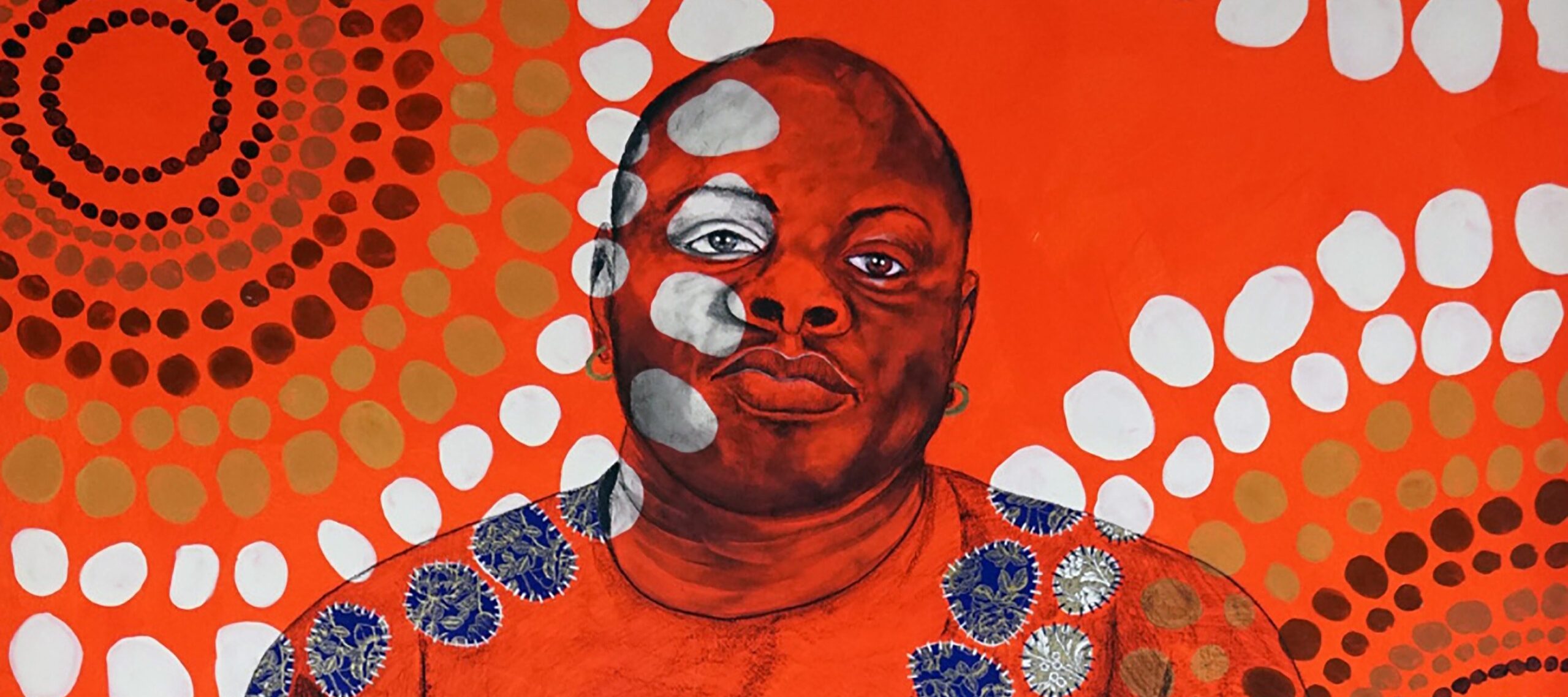 In this mixed-media painting, awash in bright orange, a seated, heavy-set, dark-skinned man stares confidently at the viewer. An overlaid pattern of white, blue, and brown circles covers him and the background.