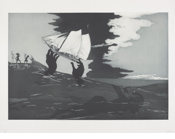 A silhouette of two oversized black hands emerge from the sea and hold up a small ship before a storm in the background. In the water underneath is a black silhouette of a woman who is drowning.