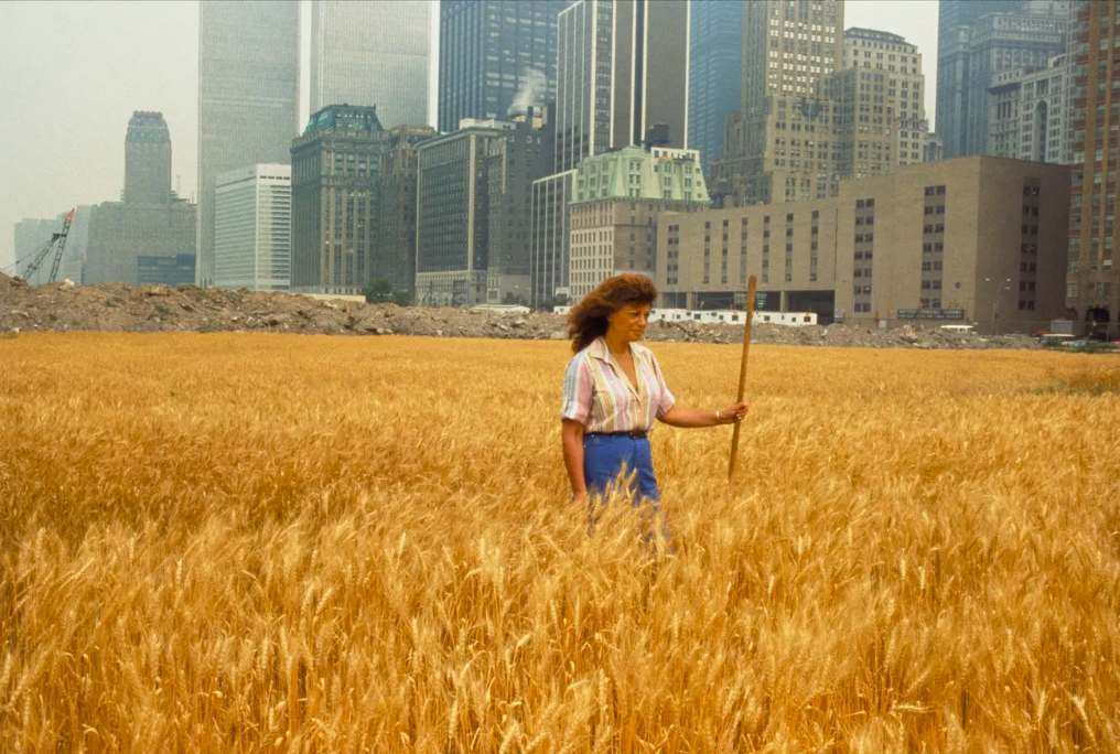 A woman with long, brown hair stands in a field of wheat, holding a wooden stick. Directly behind her, the city of New York looms. Buildings made out of concrete and glass stand in stark contrast to the soft, golden wheat plants that the woman tends. 