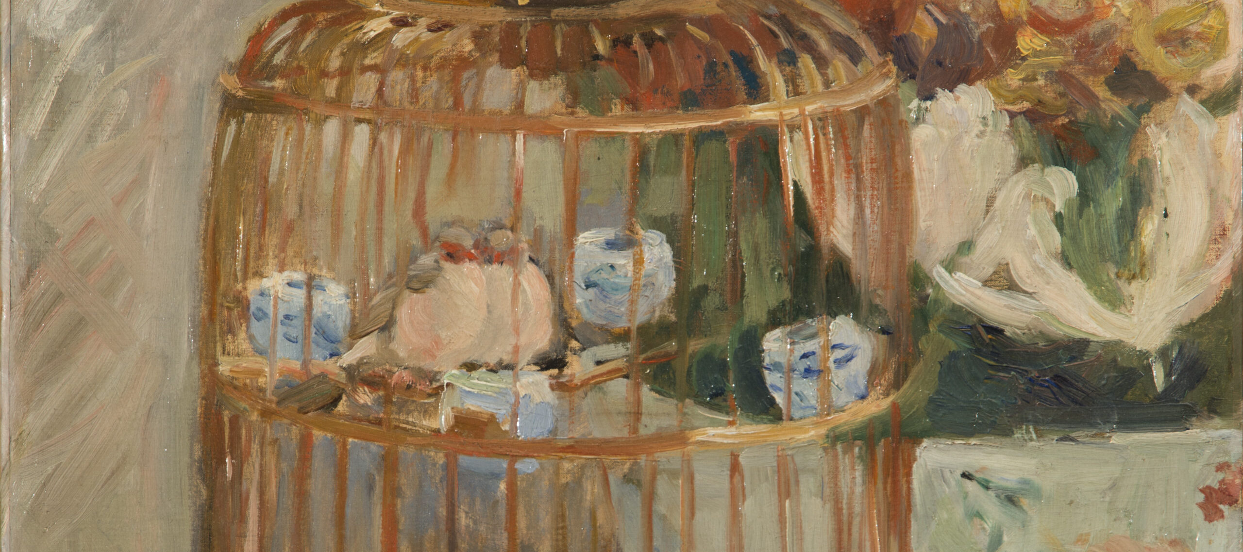 Rendered in loose, impressionistic brushstrokes in muted pastel tones, the still life painting depicts a brass birdcage with two small birds cuddled next to each other on a perch. The cage sits adjacent to and partially obscures a bowl of lush red, yellow, and white flowers.