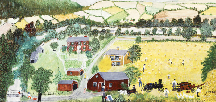 Bucolic landscape rendered in a naive, folk-style of painting. The horizontal composition features a patchwork of yellow and green fields on rolling hills set against a blue-gray sky. In the foreground study farm buildings surround small figures tending to the land.