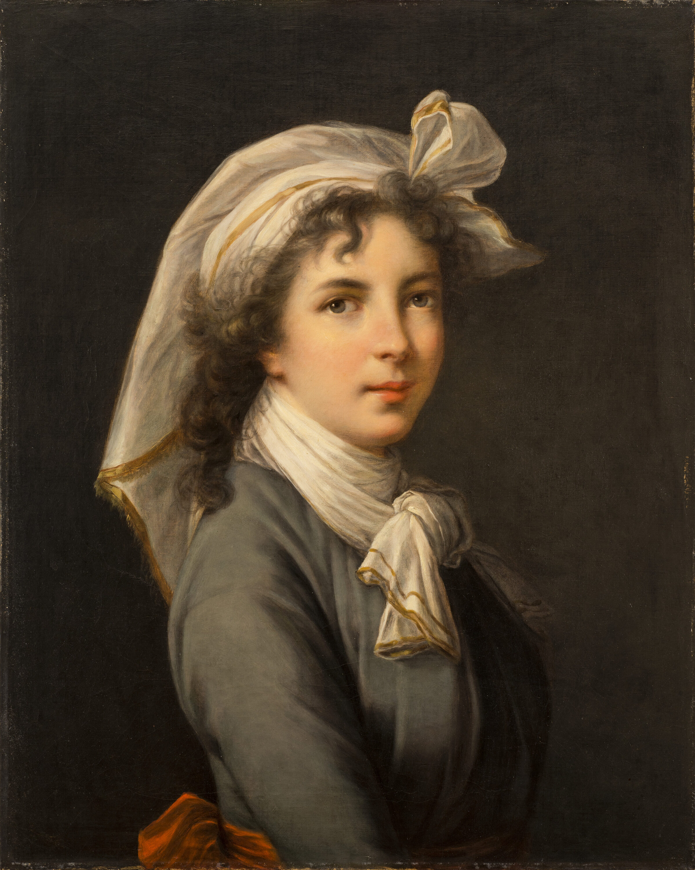 A portrait of a light-skinned woman with powdered brown hair tucked under a white wrap with a golden border. She is wearing a blue jacket with a red sash tied around her waist.