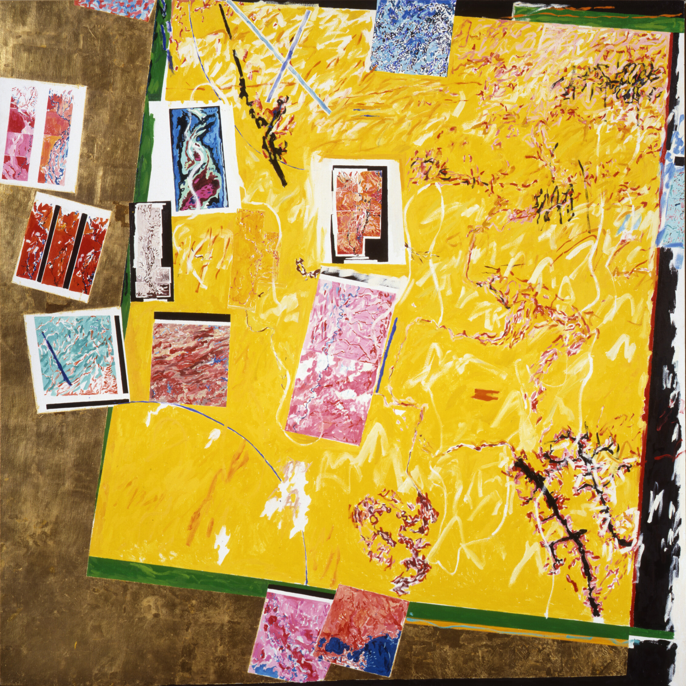 A painting that resembles a collage made up of one large abstract painting with a yellow background and pink, white, black gestural marks. On top of the painting are several smaller pieces that resemble printed versions of artwork in a similar style. Behind the large painting is a gold-leaf background.