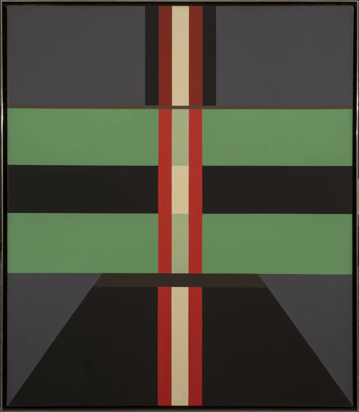 A symmetrical abstract painting comprised of geometric shapes in green, black, brown, cream, and gray.