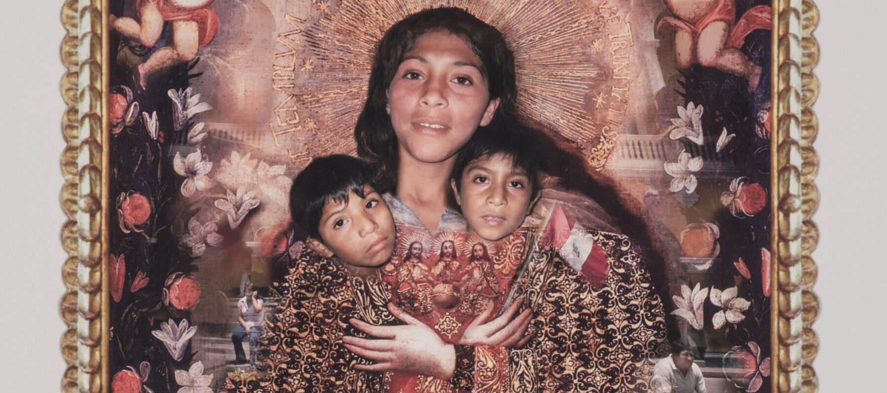 A classical depiction of the Virgin Mary is paired with the face of a dark-haired, medium-skinned woman who is clutching the faces of two young boys. Around the edges of the photograph, the young boys and another young girl's face are patched onto floating cupid-like bodies.