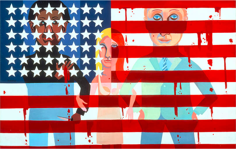 A man with a dark skin tone, a woman with a light skin tone, and a man with a light skin tone are painted onto the American flag. The red stripes of the flag are blood-stained, and the three people, whose arms are interlocked, are partly covered by the red stripes. The man with the dark skin tone is holding a knife in one hand and pledging allegiance with the other.