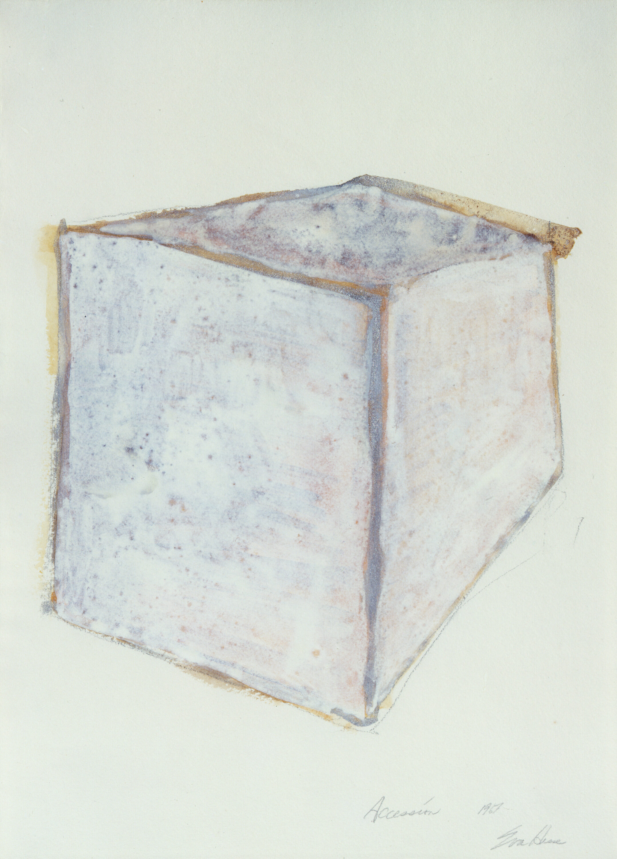 A white cube is seen at an angle, roughly painted on a white background. The cube has a speckled surface, with neutral colors including blue, yellow, and gray outlining and appearing within the white surface.