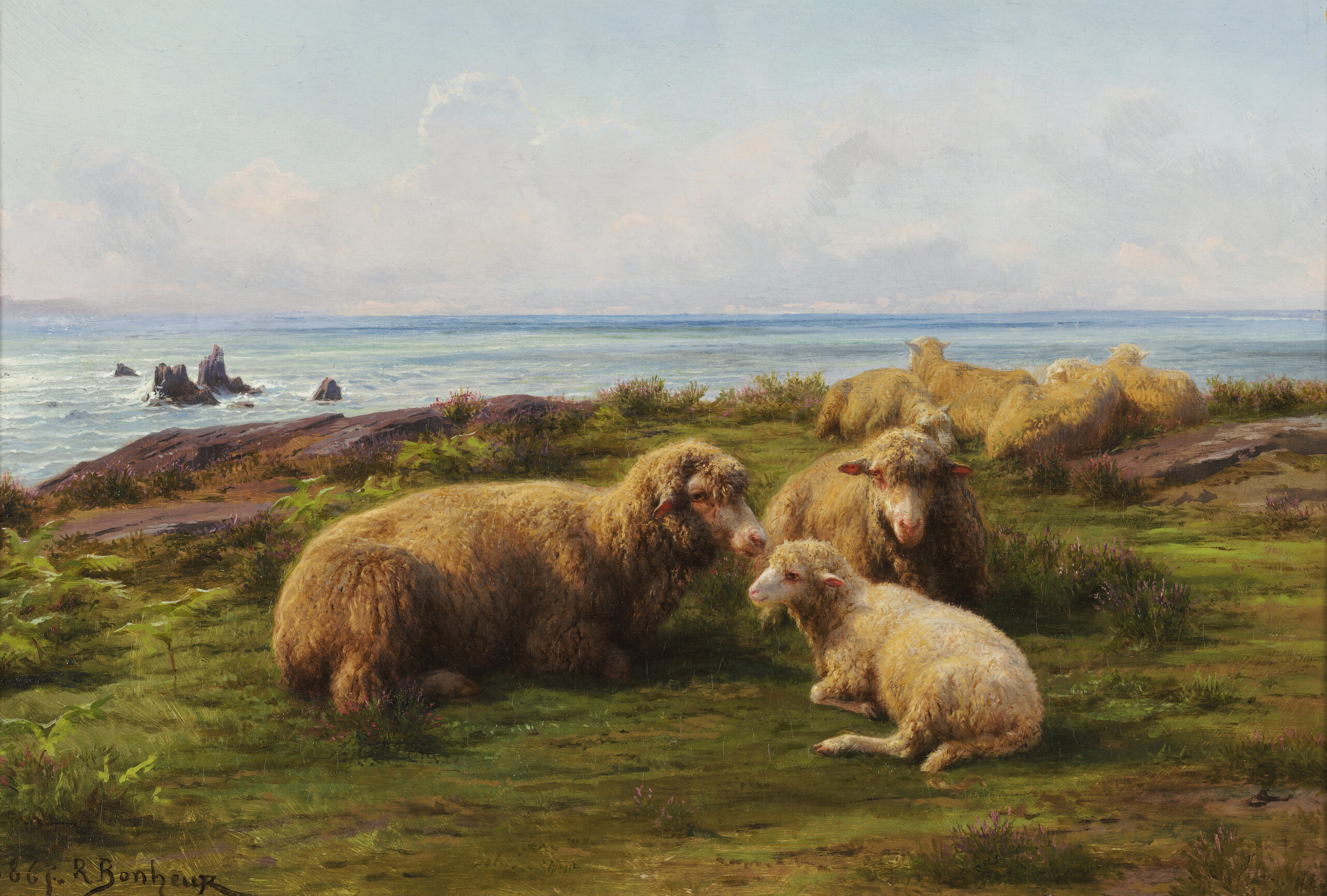 A flock of sheep rest on a grassy hill by a rocky shoreline in a landscape painting. In the center, two adults and a lamb lie in a group. The sky contains distant rolling clouds over the sea, which stretches to the horizon. A breeze is suggested by the waves crashing on rocks, and sunshine is shown through golden light and shadows around the sheep.