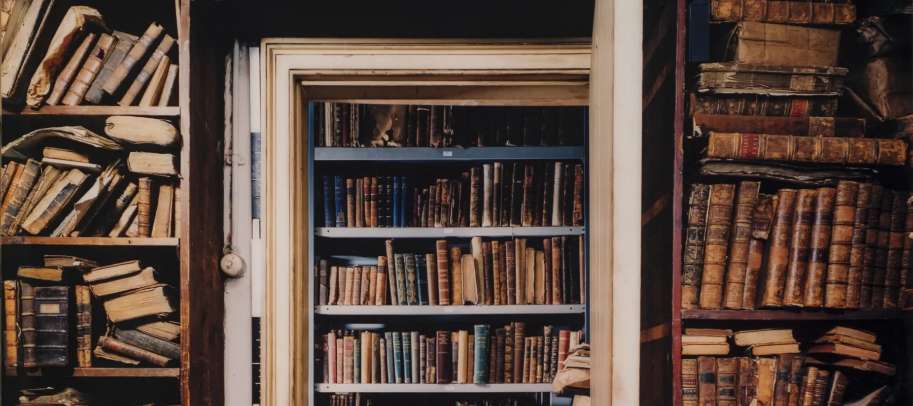 Color photograph of room with old books on bookshelves that stretch from floor to ceiling. In the center is an open door revealing another room with floor to ceiling shelves filled with books.