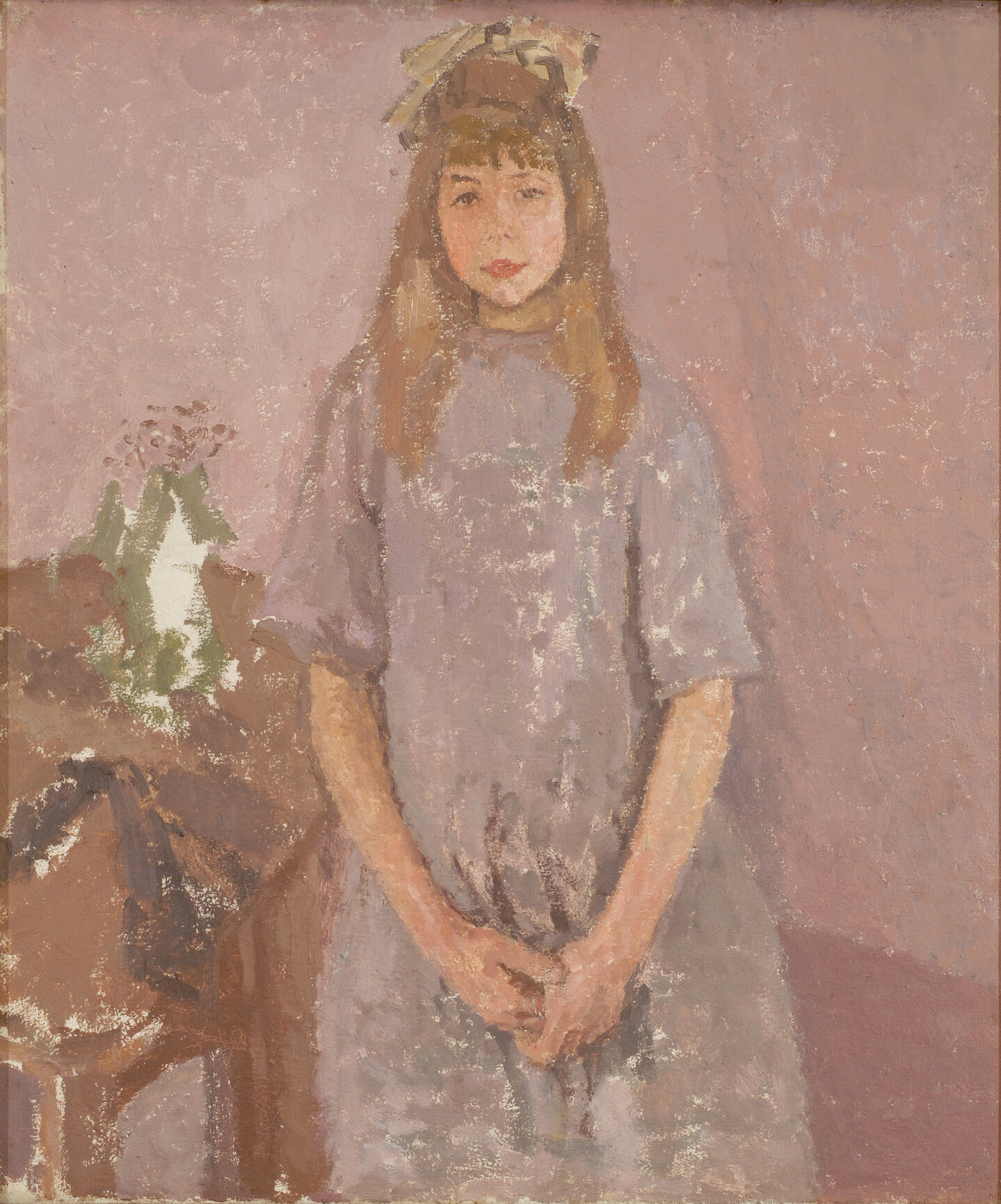Against a loosely painted purple-pink background, a girl with light skin tone and long light-brown hair stands with her hands clasped, looking directly out at the viewer.