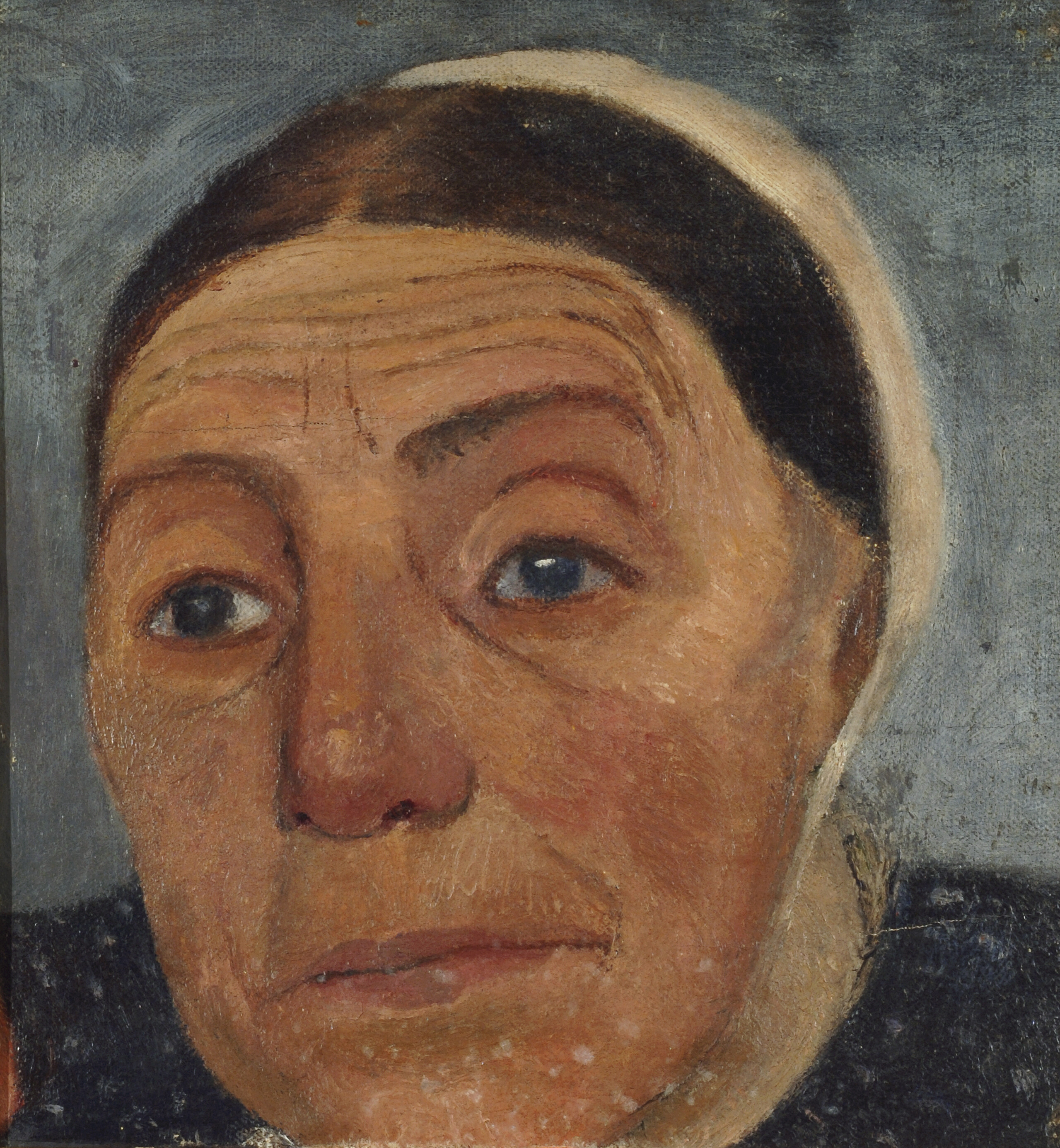A closely cropped painting shows the face of a light-skinned woman against a blue background, gazing slightly to the side. She has brown hair contained by a cap or bonnet, and her age is implied by wrinkles crossing her broad forehead.