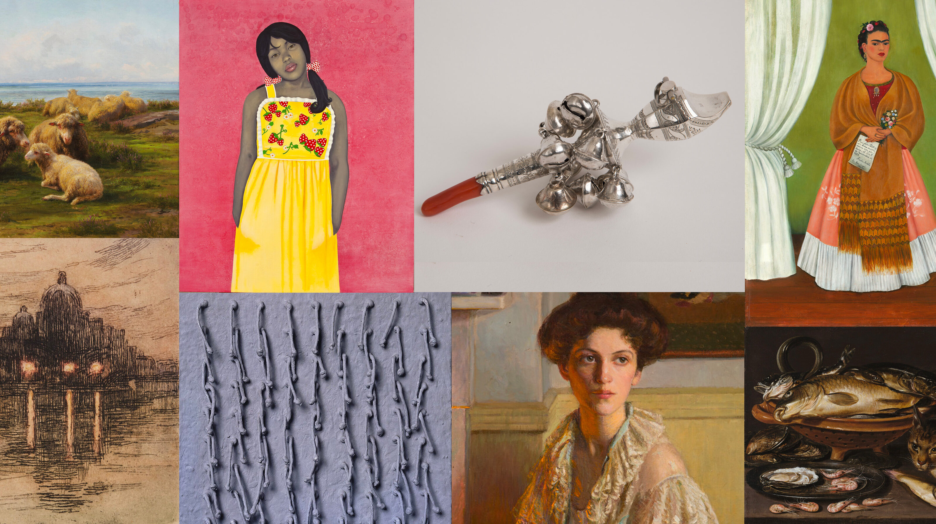 A collage of 8 artworks tiled. Clockwise from upper left: landscape with sheep, portrait of a girl in a yellow dress, a silver rattle, a portrait of a woman with a shawl holding a note, a still life of fish and a cat, a portrait of a woman wearing a bun, a relief of draped string, and a print of buildings by the water at night.