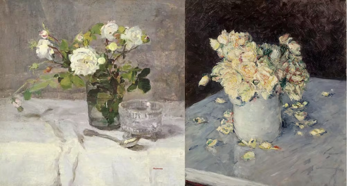 Two paintings of roses in vases next to each other. The painting on the left is in lighter tones, the vase is standing on a white tablecloth and the background wall is gray. The roses in the painting on the right are painted before a black background and the vase is standing on a gray surface.