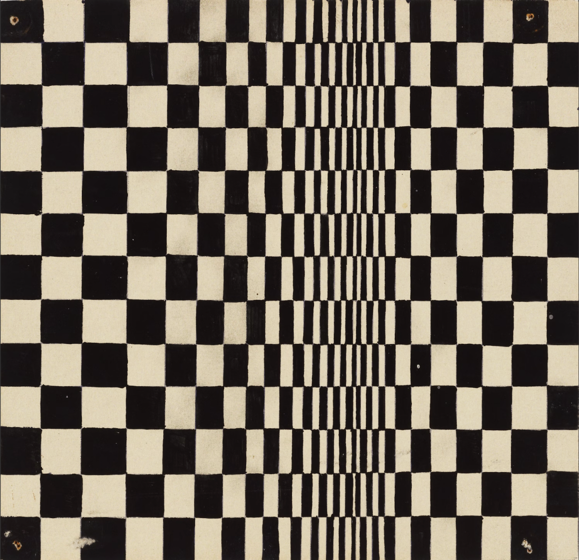 On a black-and-white checkered surface, the squares narrow to create an optical illusion of movement, as if the surface is contracting at approximately the golden ratio.
