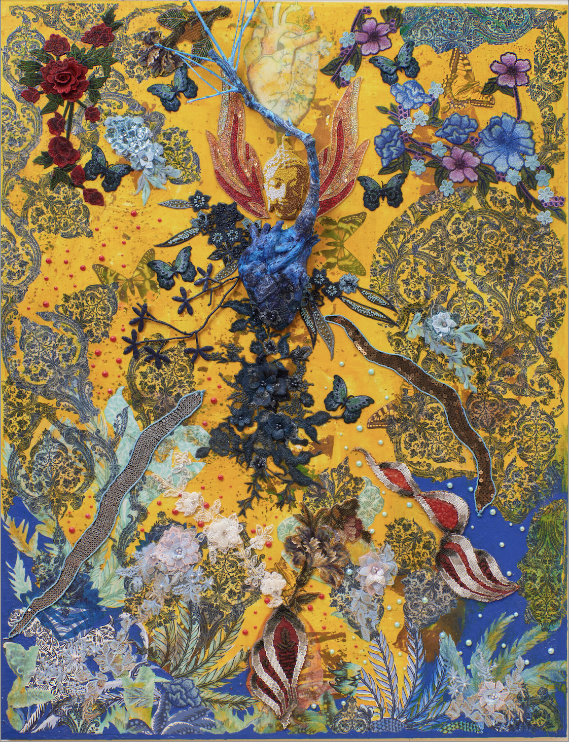 On a yellow ground, a variety of ornaments and materials form a colorful collage of a dreamy garden. The materials include sequins in the shape of snakes and flowers, embroidery, cut-out depictions of butterflies and plants, and the head of Gautama Buddha made from sequins.