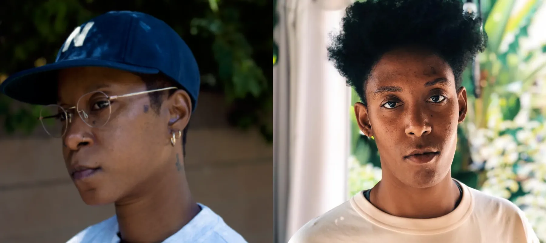 At left, a medium-dark skinned person looks away from the camera, wearing a blue baseball cap and blue shirt. They are outside with greenery in the background. At right, a medium skinned person looks directly at the camera, wearing a beige shirt. They are inside, standing in front of a window with out of focus greenery in the background.