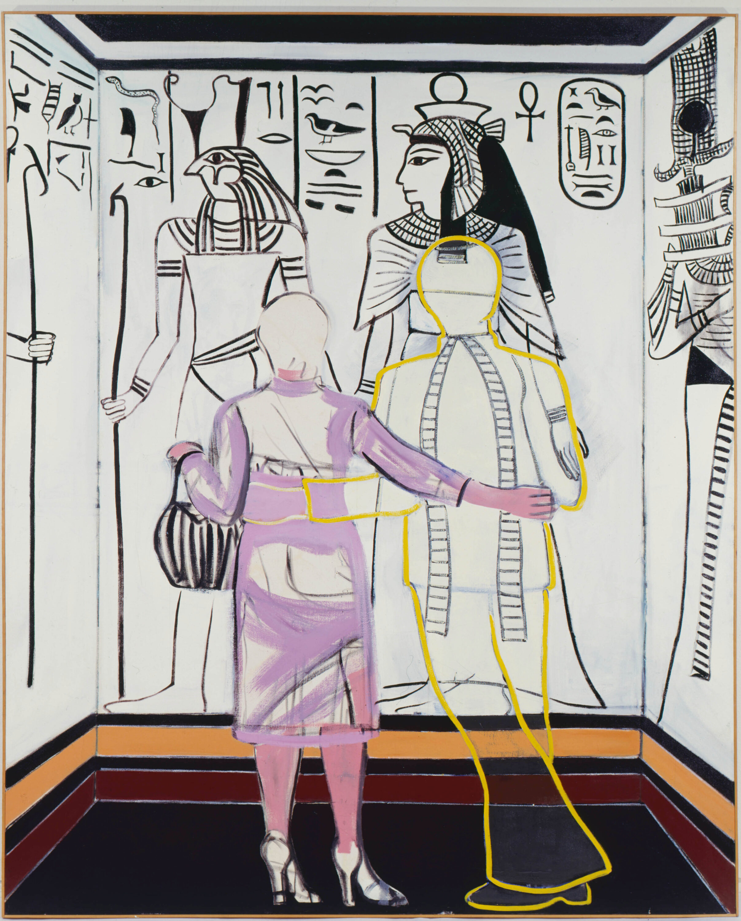 Outlines form a couple standing in a museum, painted from the back. The woman wears a pink dress and white pumps, though her body is not fully painted. Her right arm wraps around a man who is only implied by a yellow outline. They are looking at drawings of ancient Egyptian art in black and white.