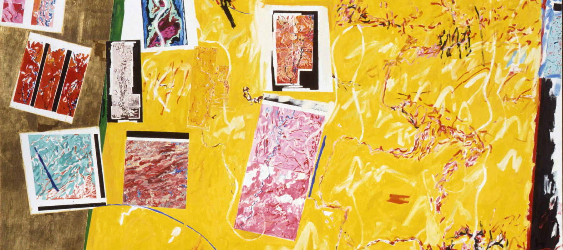 A painting that resembles a collage made up of one large abstract painting with a yellow background and pink, white, black gestural marks. On top of the painting are several smaller pieces that resemble printed versions of artwork in a similar style. Behind the large painting is a gold-leaf background.
