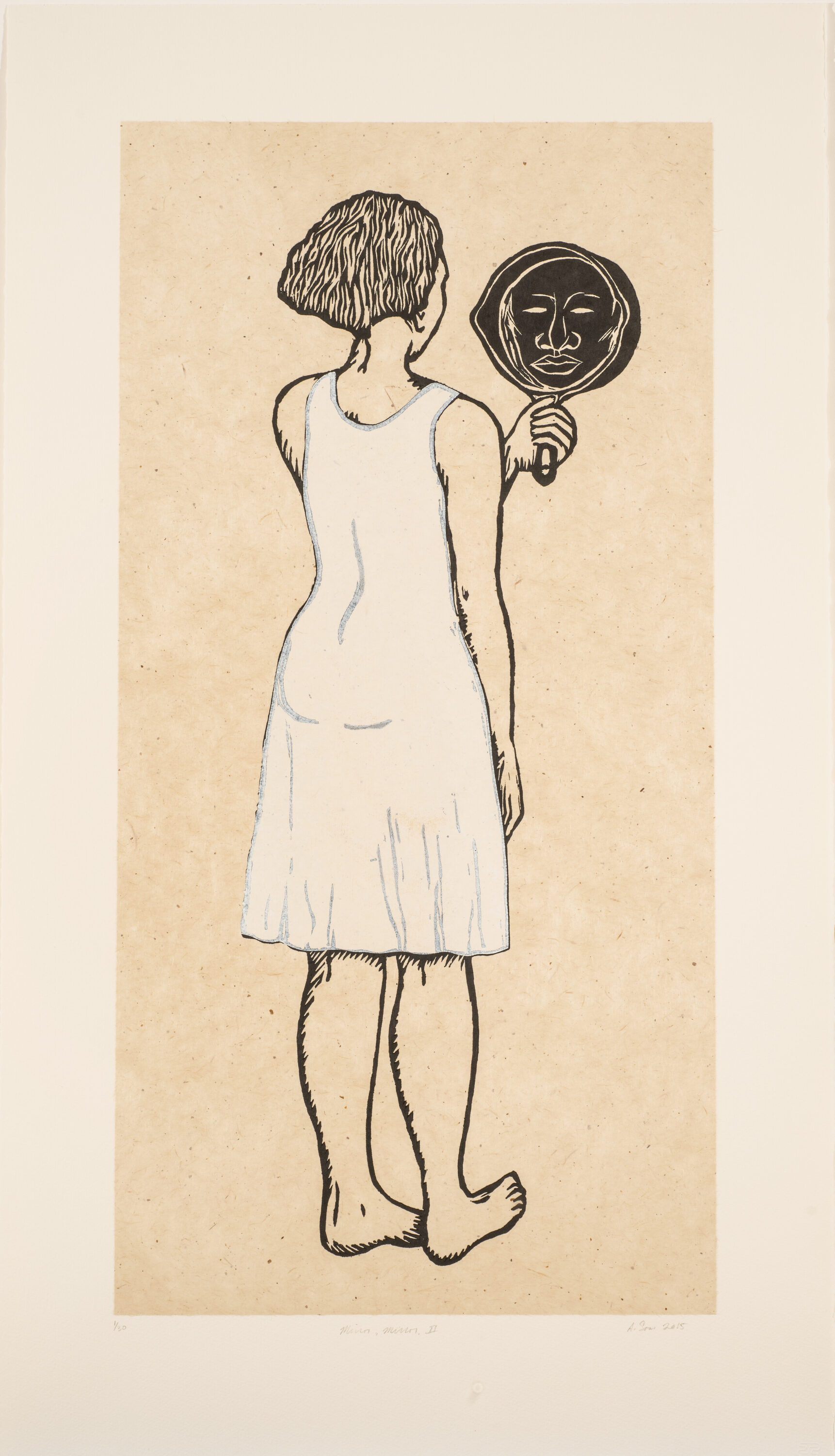 A tall, rectangular print of black lines on a peachy background, framed with a thick, off-white border. The print depicts a woman from behind with chin-length hair in a sheer, white, sleeveless, knee-length dress. She holds a cast-iron pan up like a mirror, gazing at a face in the pan.