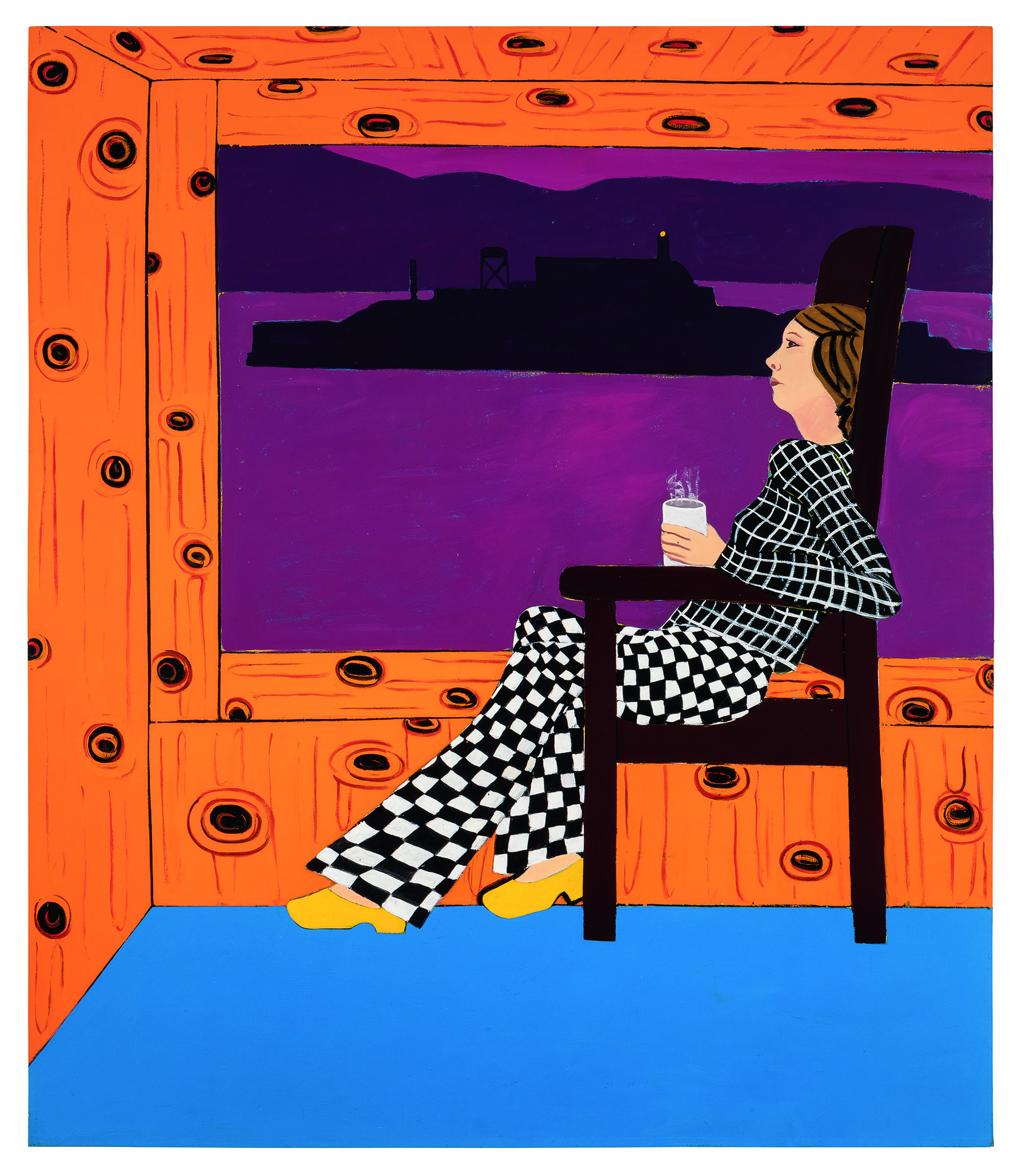 A woman sits in a room with an orange wall and a blue floor before a large window overlooking a body of water. The room is illuminated, while outside, the violet and black colors suggest nighttime. The woman holds a cup of coffee, wears black-and-white checkered pants and shirt and yellow clogs, and stares wistfully into the distance. 