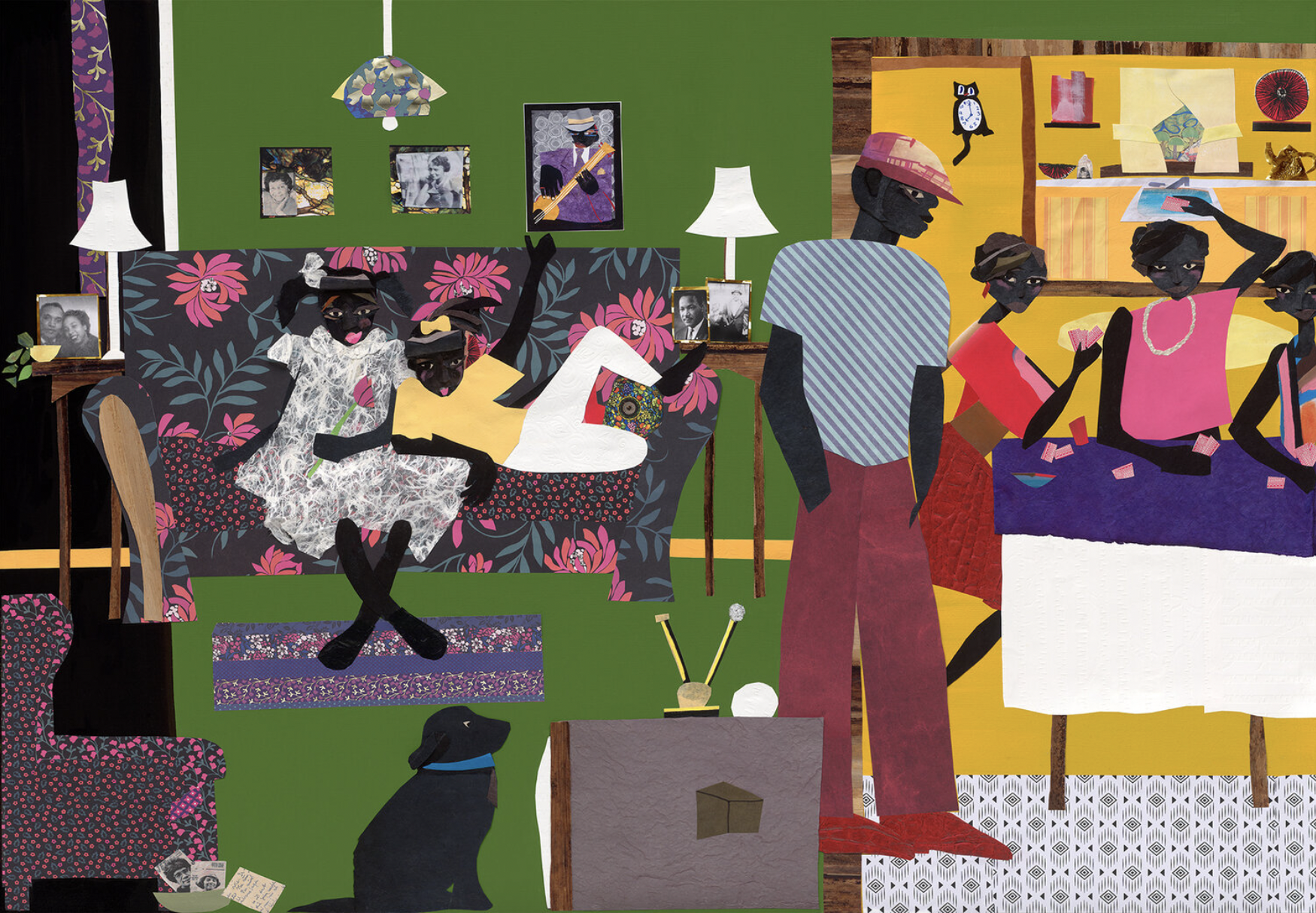 A colorful collage shows a joyful family scene in a living room. Two girls with a dark skin tone sit on a sofa in front of a TV, while the rest of the family sits and stands by a table playing cards. There are several black-and-white photographs of Martin Luther King and men and women with a dark skin tone in small, cut-out frames.