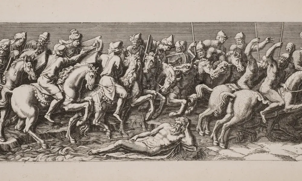 A black-and-white, horizontal print depicts multiple Roman-style male figures on horseback. They hold weapons or brass musical instruments and process, somewhat chaotically, towards the viewer's right.