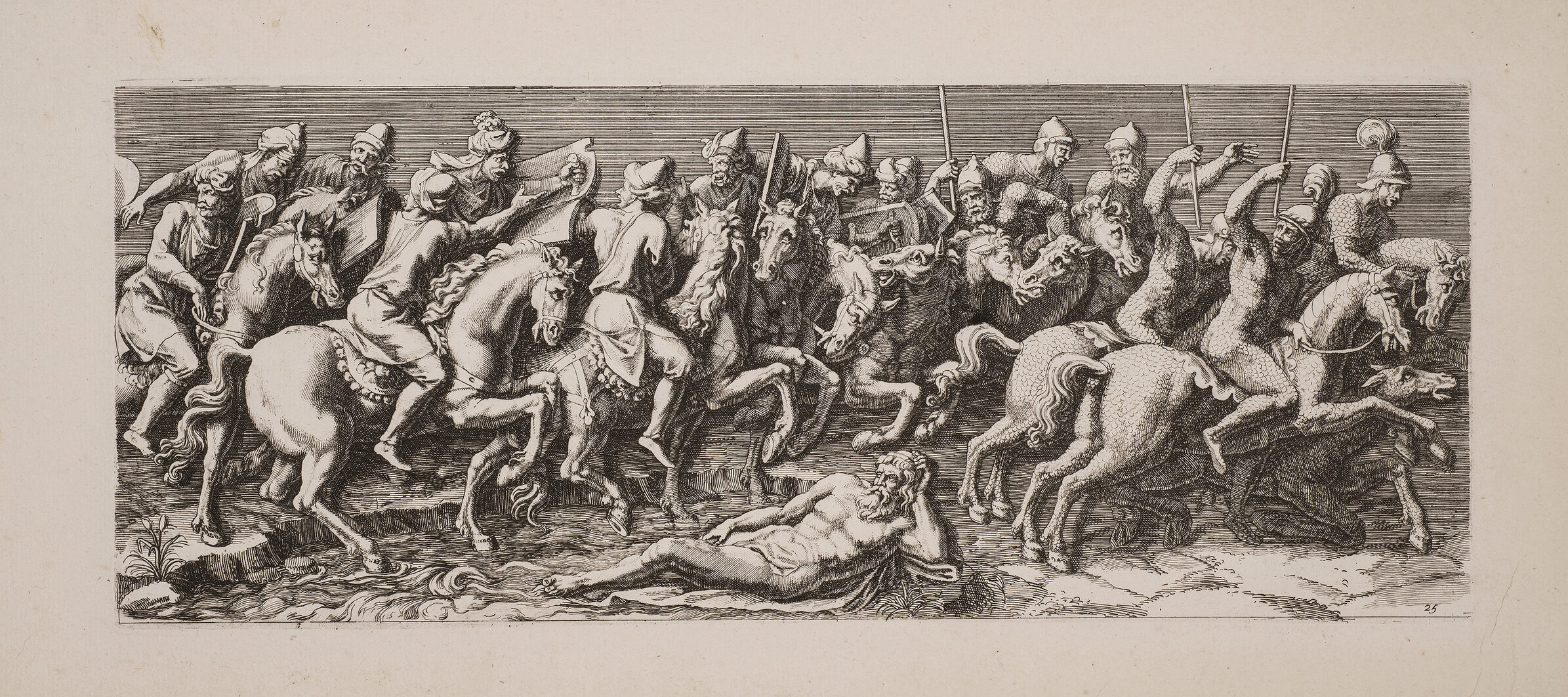 A black-and-white, horizontal print depicts multiple Roman-style male figures on horseback. They hold weapons or brass musical instruments and process, somewhat chaotically, towards the viewer's right.