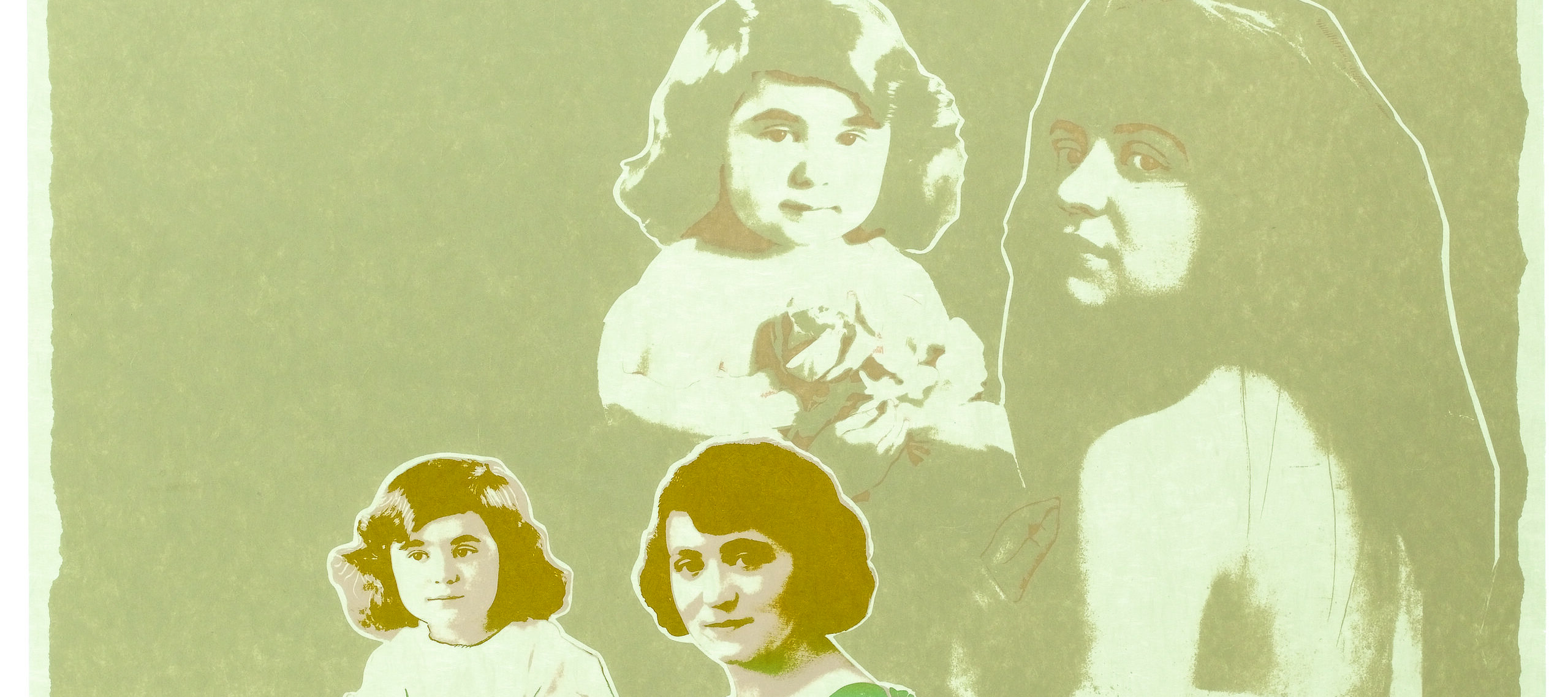 Two pairs of women, one a child and the other older, look out from background of a brown-green color. In the bottom pair, the figures’ hair is rendered in a matte gold color; the older woman wears a turquoise apron. The pair of women above them is larger and without color, like an echo.