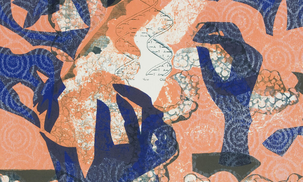 Cobalt, ghostly hands gently reaching toward the center of a painting against a salmon-colored background with another cobalt shape in the upper-right corner. Bubbly white textures and black shapes are layered over the cobalt and salmon, along with a grid of white spirals.