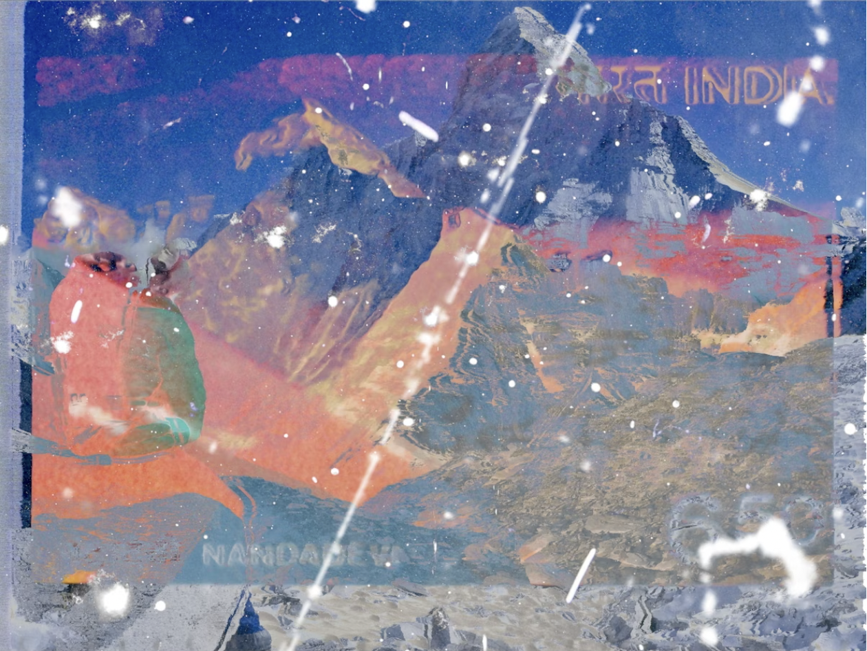 A photograph showing a mountain range, overlapped with smudges and red and orange shapes, as if overlapped with the negative of another photograph. The words “Nanda Devi” are visible on the left bottom. The photograph looks otherworldly, reminiscent of photographs from the Hubble space telescope.