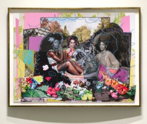 A mixed-media artwork shows three women with dark skin tones sitting in a park and looking at the viewer. The women’s figures are made of cut-out photographs in color as well as black and white, decorated with rhinestones. They are central in a collage that features a photograph of a park and shapes in colorful paper.