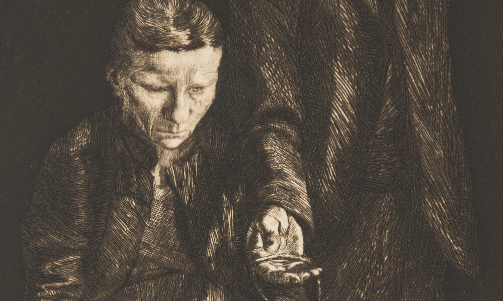 Print depicting a woman cradling the head of dead or ailing child in her lap; a man standing to her left turns away, covering his face with a hand.While the overall composition is black, with touches of light defining the features of the couple, a bright light illuminates the child's visage.
