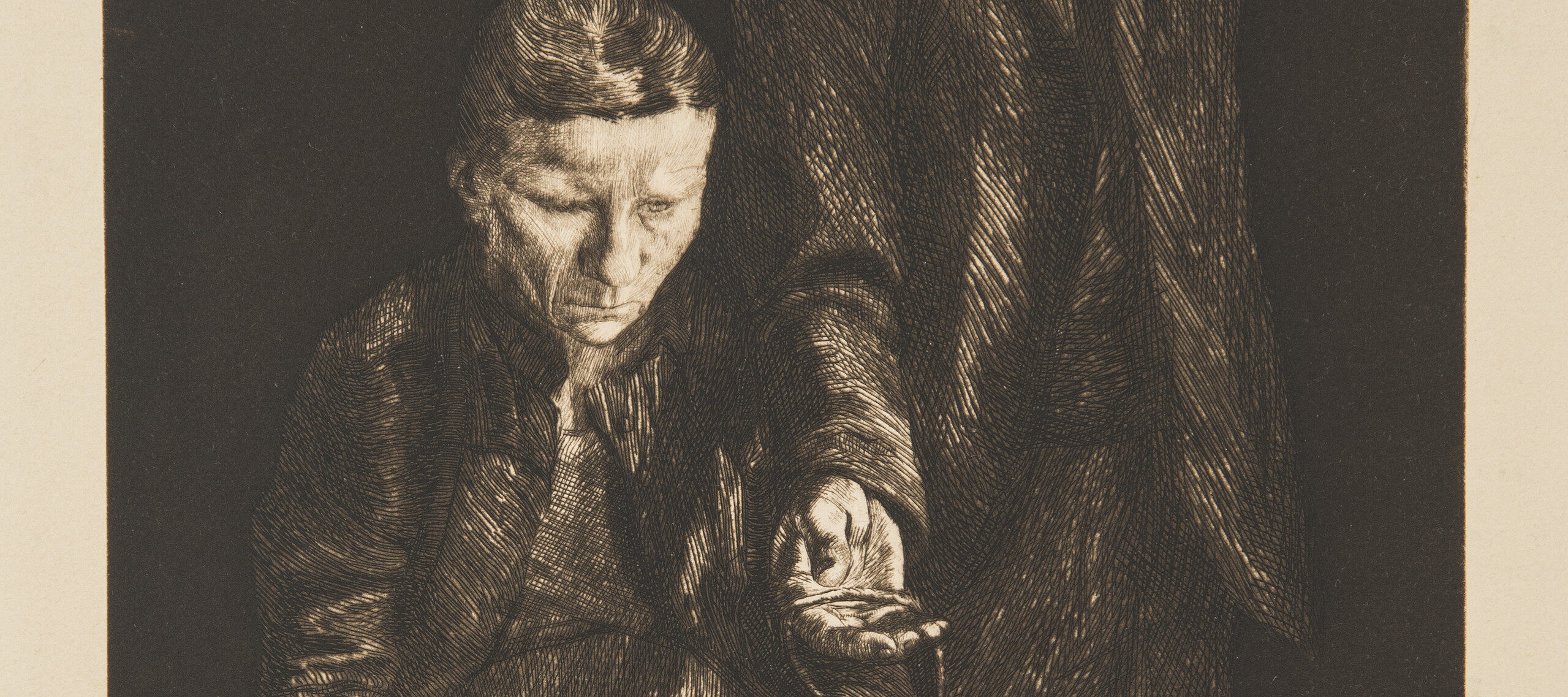 Print depicting a woman cradling the head of dead or ailing child in her lap; a man standing to her left turns away, covering his face with a hand.While the overall composition is black, with touches of light defining the features of the couple, a bright light illuminates the child's visage.