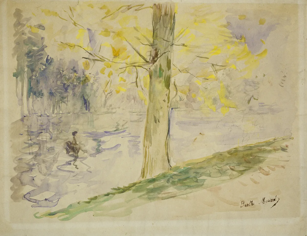 A tree with bright, yellow leaves is standing next to a river. The lush colors suggest a late summer day. On the river, a person is rowing in a boat. The other side of the river is indicated by a line of trees.